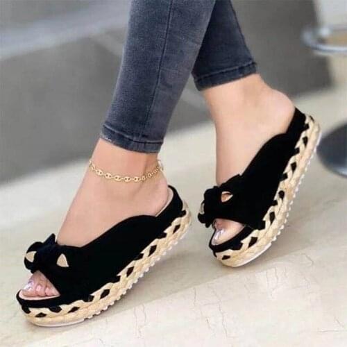 2021 Summer Casual Flat Women Sandals Bowknot Fashion Solid Colors Slip-On PU Leather Peep Toe Platform Beach Women Shoes 35-43