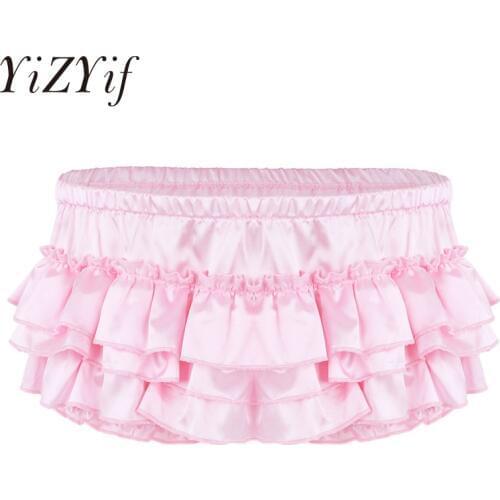 YiZYiF Sexy Mens Lingerie Soft Shiny Satin Ruffled Sissy Bloomer Tiered Skirted Boxer Shorts Underwear Gay Male Erotic Panties