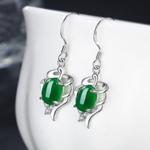 Natural Green Chalcedony Hand Carved Drop Earrings Fashion Boutique Jewelry Green Agate Earrings