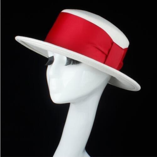 100% Wool White Women Flat Top Hat With Ribbon Fedora Hat For Elegant Lady Wide Brim Porkpie Hat Size 56-58CM