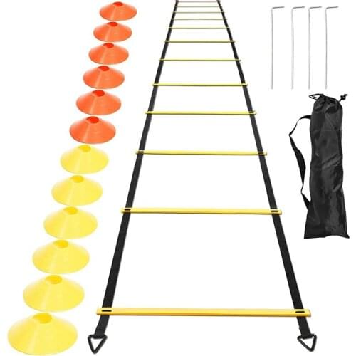 Sports Speed Agility Training Set 12 Disc Cones 4 Steel Stakes and Agility Ladder for Football Basketball Rugby Track