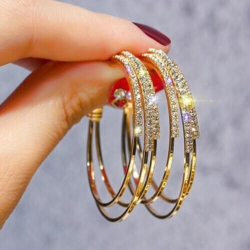 Fresh Temperament Female Fashion Luxury Exquisite Rhinestone Ddangler Layer Geometric Circle Sparkling Hollow Earrings Jewelry
