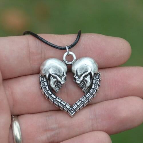 Vintage Heart Couple Skull Pendant Necklace Biker Punk Gothic Jewelry For Women Men