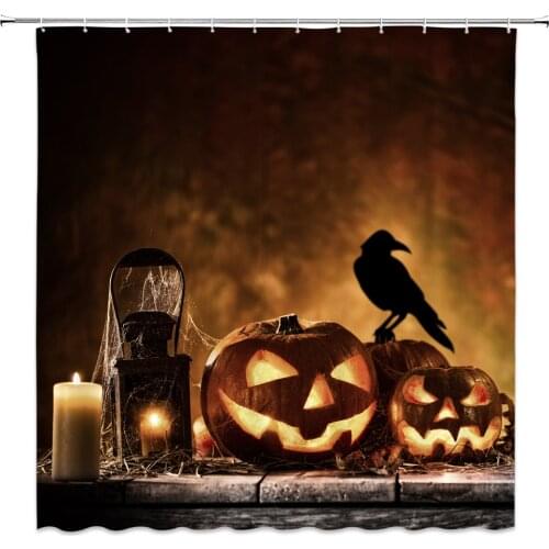 Halloween Shower Curtains Orange Pumpkin Lantern Crow Candle Holiday Themed Bathroom Decor Polyester Fabric Curtain Set