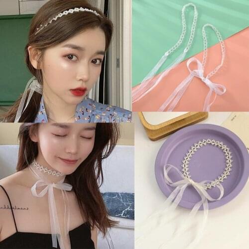 White Pearl Long Streamer Headbands for Women Korean Elegant Braided Hair Bands Girls Crystal Turban Hair Styling Accessories