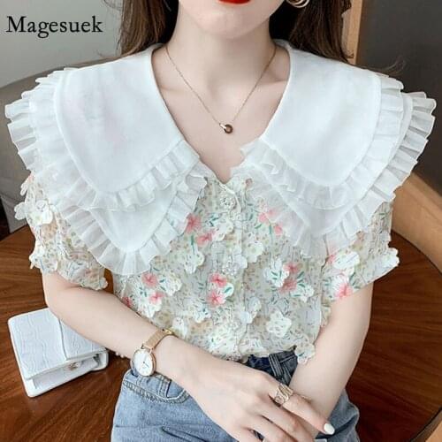 French Sweet Big Lapel Lace Blouse Women Three-dimensional Petal Floral Womens Shirt Summer Puff Sleeve Print Top Female 15386