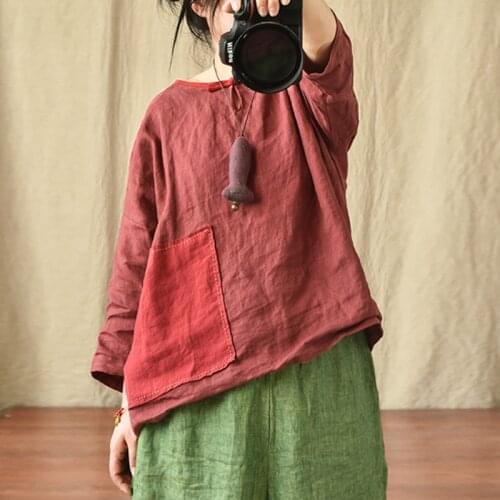 Johnature Women Linen Shirts O-Neck Quarter Sleeve Patchwork Solid Color Blouse 2021 Summer New Patch Loose Button Vintage Shirt