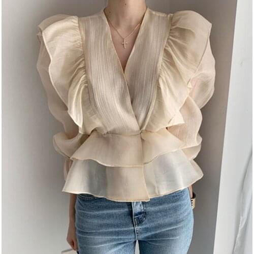 Women Sweet Blouse Spring Autumn New Arrival Solid V-Neck Flare Sleeve Ruffles Slim Chic Wild Female Fashion Korean blouse