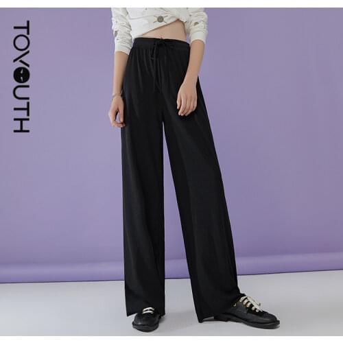 Toyouth Women Pants 2021 Summer Elastic Waist Straight Wide Leg Solid Color Simple Casual Trousers