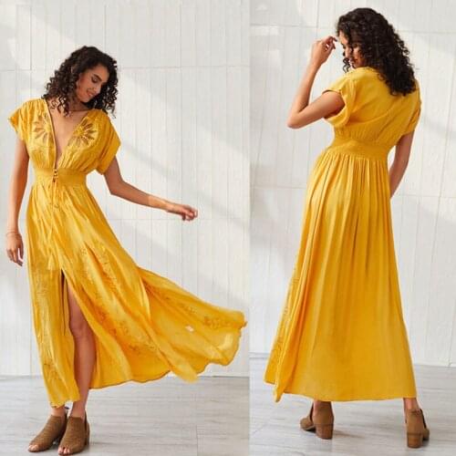 Sundress for Women Deep V Neck Hollow Out Embroidered Floral Sexy Split Summer Dress Bohemian Long Dress