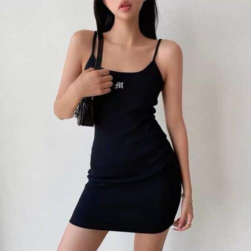 Summer new European and American womens ins sling dress female letter embroidery stretch tight sexy hip mini dress