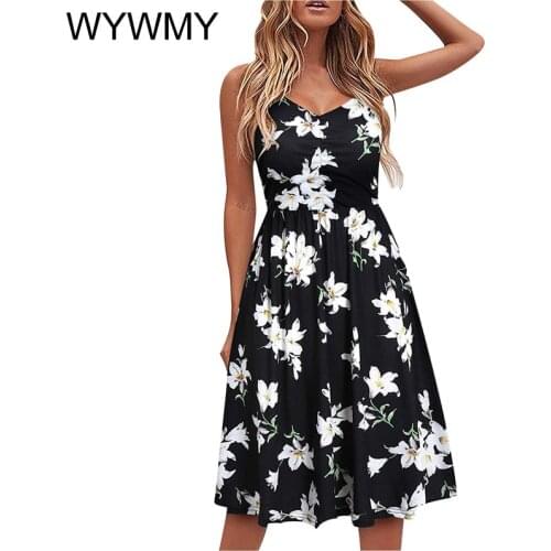 WYWMY Dresses Summer Woman 2021 Sexy Floral Print V-neck Ladies Dress Femela Solid Color Halter Dress Boho Beach Holiday Dress