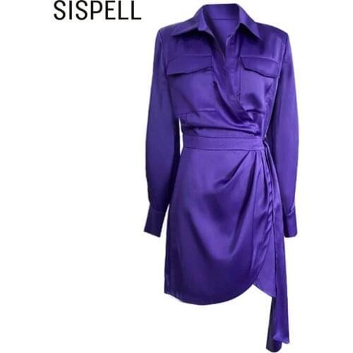 SISPELL Elegant Dresses For Female Lapel Collar Long Slevee High Waist Slimming Patchwork Rope Womens Dress Fashion New