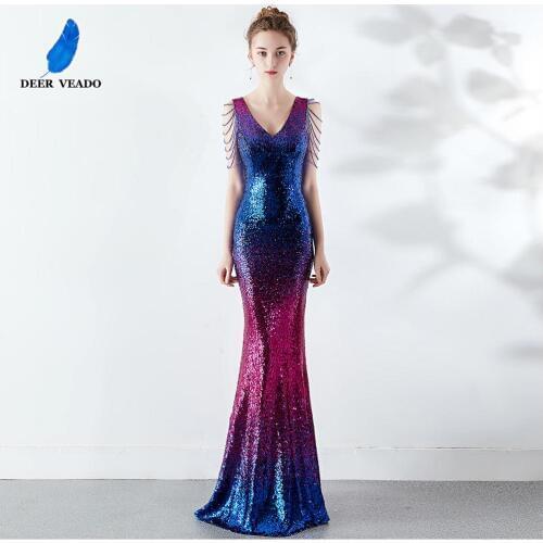 DEERVEADO Sexy Deep V Neck Sequin Evening Dress Mermaid Party Dresses with Beading Formal Dress Evening Gown K16180