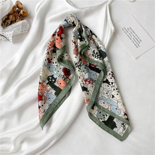 2021 Cute Cartoon Silk Square Scarf Women New Animal Neckerchief Hand Bag Shawl and Wrap Girls Hairband Foulard Hijab 70*70cm