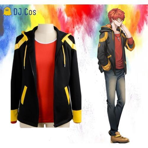 707 Seven Cosplay Costume Mystic Messenger Saeyoung Choi Cosplay Zipper Jacket Luciel Hoodies 707 Red T-shirt Short Orange Wig