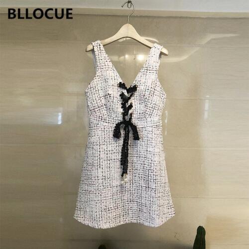 BLLOCUE New Year Brand Clothing 2019 Autumn Tweed Wool Dress Women Sleeveless V-Neck Backless Lace-Up Plaid Vest Christmas Dress