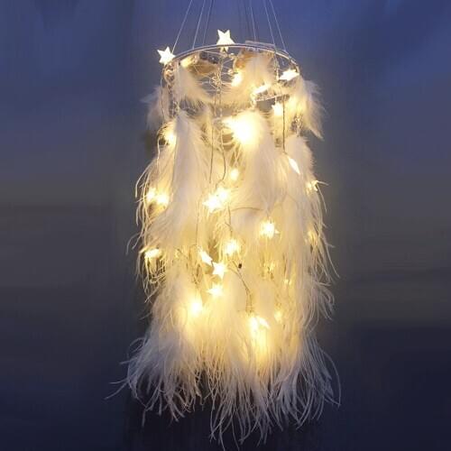 Big 25*115CM LED star light Dreamcatcher with white Feather pearl Dream Catcher Wall Hanging Home Party Decoration Gift