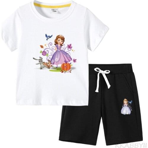 Disney Foreign Trade Childrens Wear Sofia Cotton Childrens Short-Sleeved T-Shirt InTrousers Two Sets