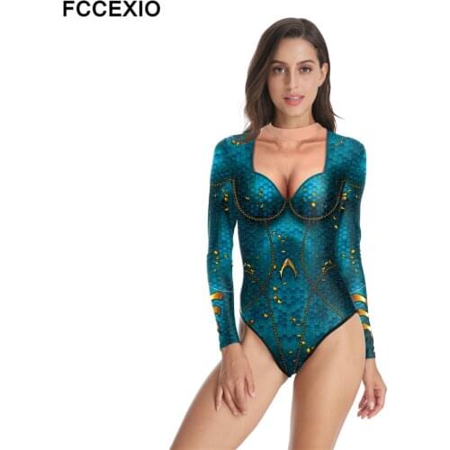 FCCEXIO Cosplay Mermaid Sexy Swimsuit Summer Long Sleeve Slim Beachwear Bathing Suits One Piece Women Swimwear Bodysuit