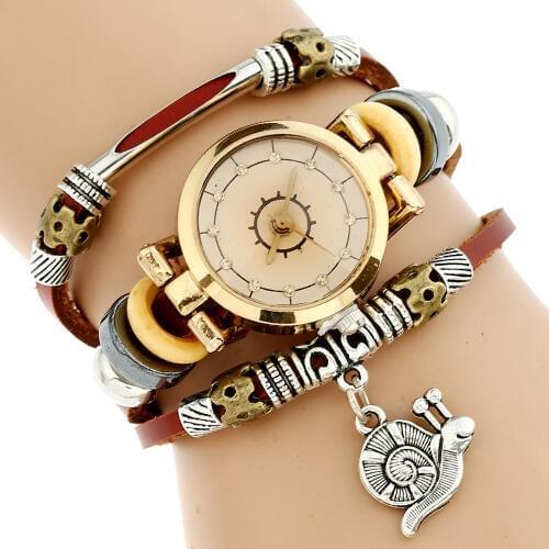 Gnova Platinum Top Genuine Leather Women Watch Triple Bracelet Wristwatch Gear Snail Charm Fashion Reloj Para Dama A553