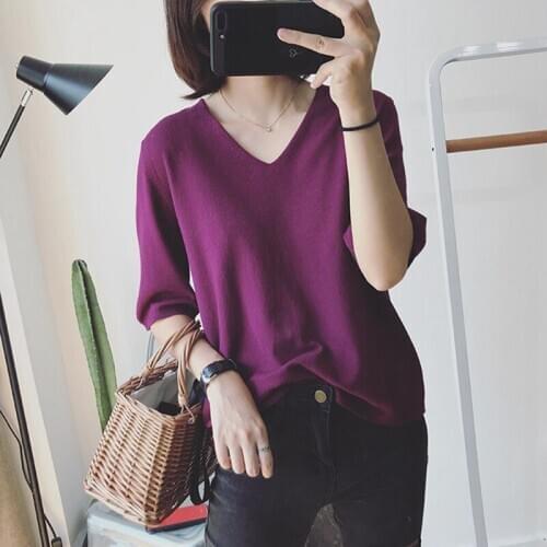 Spring summer V-neck cotton knitted T-shirts Women tees fashion loose basic all-match T-shirt ladies female casual tops