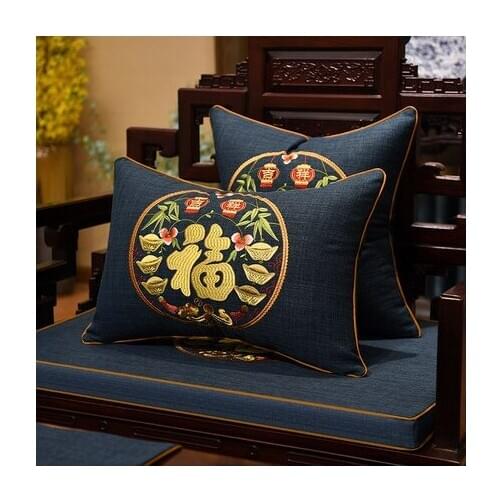 Fine Embroidered Joyous Chinese Chair Back Cushions Cotton Linen Office Home Decor Armchair Sofa Lumbar Pillow Bed Backrest