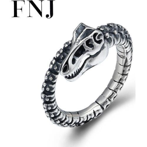 FNJ Punk Dinosaur Rings 925 Silver Adjustable Size Open Popular Bone S925 Solid Thai Silver Ring for Women Men Jewelry Fine