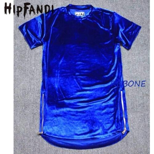 HIPFANDI StreetWear Velour Mens T-shirts 2018 Summer New Hip Hop Short Sleeve T-shirts Plus Size Zipper Velvet Curved Hem Tee
