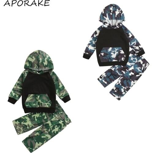 2021 0-4Y Toddler Baby Boy Clothes Set Casual Tracksuit Camouflage Print Patch Long Sleeve Hooded Top With Pocket+Pants Fall