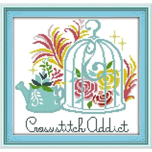 The bird cage and the teapot cross stitch kit aida 18ct 14ct 11ct cloth counted printed canvas set stitches embroidery handmade