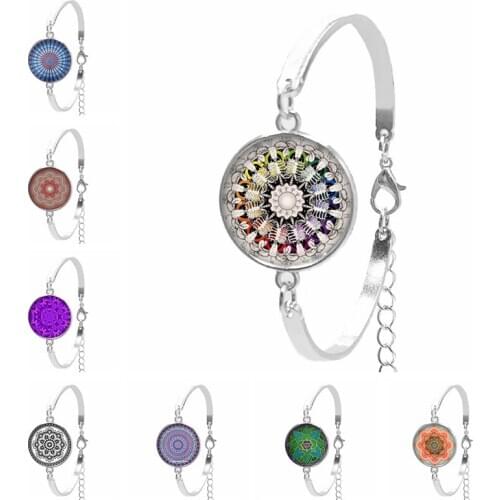 2019 New Indian Yoga Mandala Henna Flower Glass Convex Round Pendant Buddhist Chakra Glass Dome Womens Bracelet Jewelry