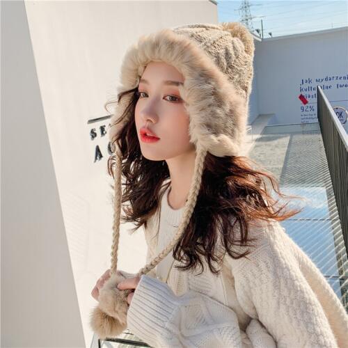 2020 New Womens Bomber Cute Hat Knit Plush Faux Rabbit Fur Hats Winter Windproof Warmth Ear Protect Bomber Russian Caps