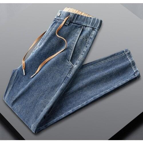 2037 Autumn Winter Men Denim Ankle-Length Pants Streetwear Simple All-Match Cotton Mid Waist Stretch Drawstring Male Blue Jeans