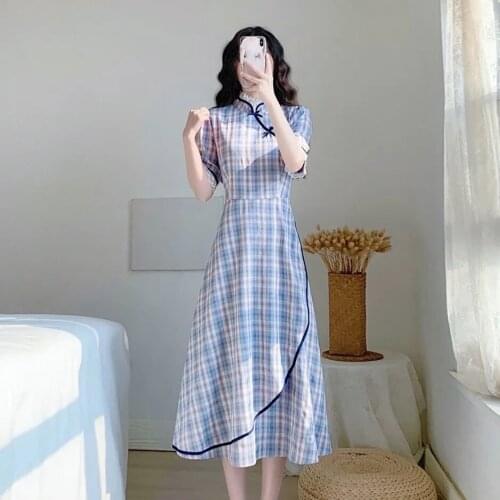 Plaid cheongsam dress womens summer new age reducing foreign style thin temperament tea break French retro design skirt