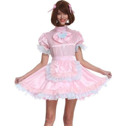 Sissy Girl Maid Powder Pink Lockable Bow Satin Dress Uniform Crossdress Cosplay Costume