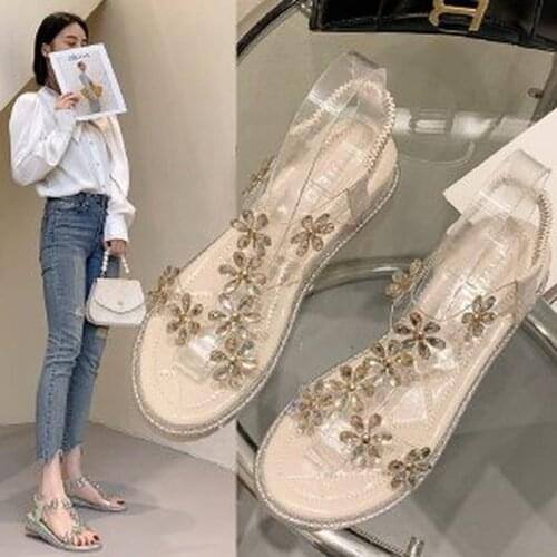 2021 Sandals Women Summer New Fashion Womens Sandals Womens Korean Version Flower Diamond Thick Heel One High Heel Sandals