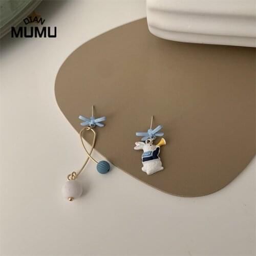 Silver Needle Girl Bowknot Earrings Cute Bunny Earrings Asymmetrical Earrings For Woman Party Wedding Luxury Jewelry Gifts