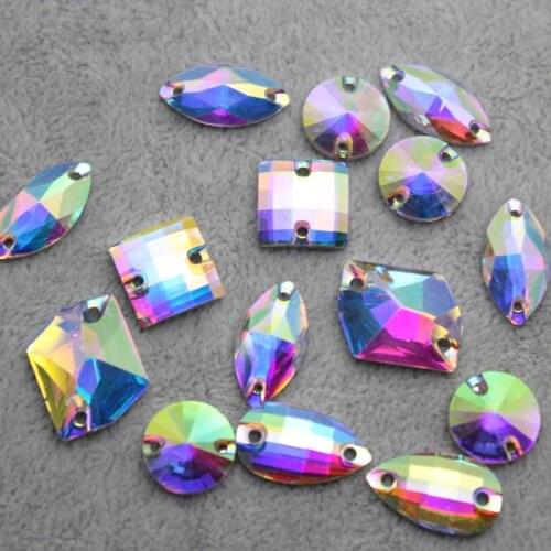 Mix Size Crystal AB 100pcs/lot Resin Flatback Sew On Rhinestone With 2 Holes Silver Base DIY Jewelry Accessories