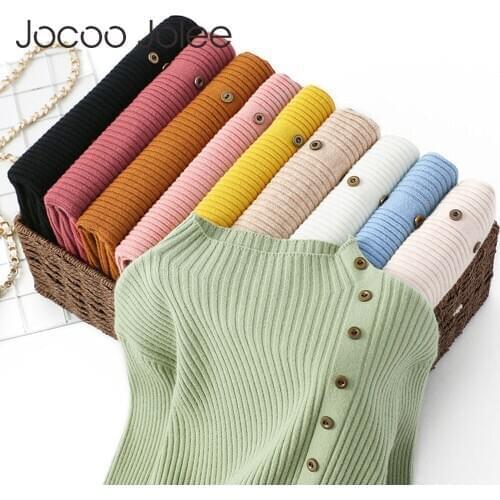 Joco Jolee Women Korean Button Throat Sweater Casual Turtleneck Pullover Autumn Winter Slim Knitting Tops Harajuku Jumpers 2019