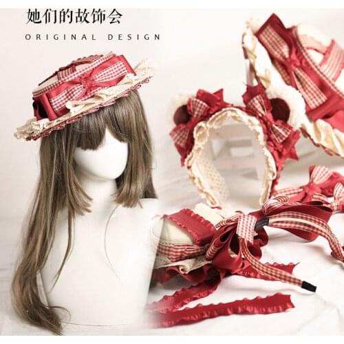 Wine Red lattice JK Uniform Headpiece Lolita Girl Hairpin Sweet Side Clip Bowknot Edge Clamp Bear Ears KC Hair Hoop Cute Kawaii