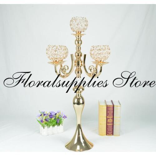 78cm Tall 5-arms Metal Gold Crystal Candle Holder Wedding Candelabra Table Centerpiece Event Road Lead Candle Stand