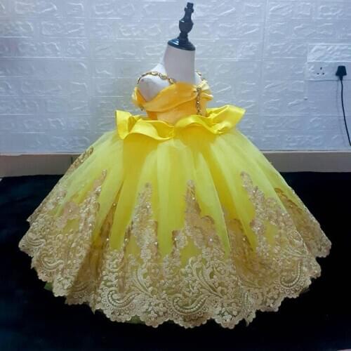 Yellow Lace Flower Girl Dresses Princess Ball Gown First Communion Dress Spaghetti Straps Off the Shoulder Pageant Gowns