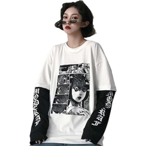 Harajuku T-shirt Women Fake Two Pieces Print Japanese Horror Comics Long Sleeve Shirt Women Vetement Femme Tshirt Streetwear