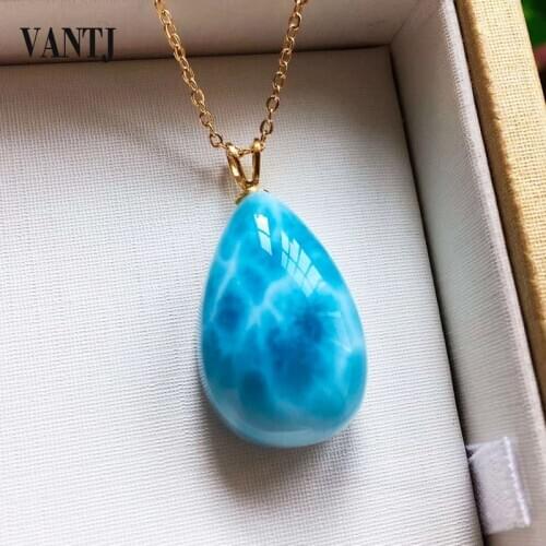 VANTJ 14K Yellow Gold Pendant Elegant Natural Blue Larimar Fine Jewelry Necklace for Women Lady Party Wedding Gift whit Box