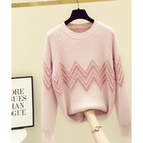 Beaded Sweater Women Long Sleeve Pullover 2020 New Winter Clothes Korean Round Neck Pullover Loose and Lazy Knitted Top Sweaters