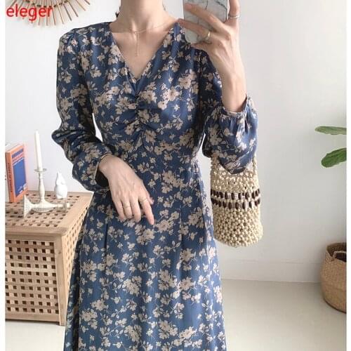 Women Long Floral Chiffon Dress Spring Summer 2021 Long Sleeve Elegant Bohemian Retro Casual Party Korean Runway Vestidos New