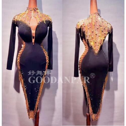 GOODANPAR Latin Dance Competition Dress Women gold beaded tassel fringe latin dance dress women Loose Long Sleeve Deep V-neck