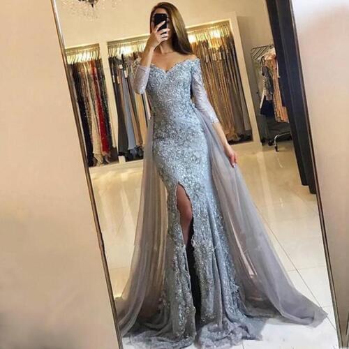 Evening Dresses Long Sleeves Appliques Lace vestido de festa Robe De Soiree Elegant Evening Dress Mermaid Detachable Tail