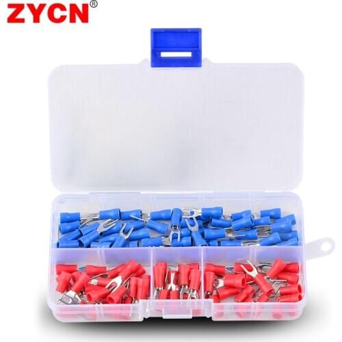 100PCS/Box SV Furcate Crimp Connector Pressed Terminals SV5.5-8 Color Pre-Insulating Cable Wire Fork Spade AWG 22-10